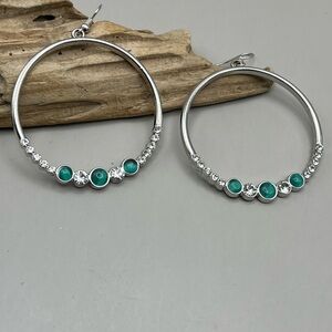 Elegant Silver and Green Sparkling Hoop Earrings